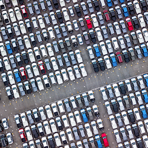 Overhead view of a full car lot