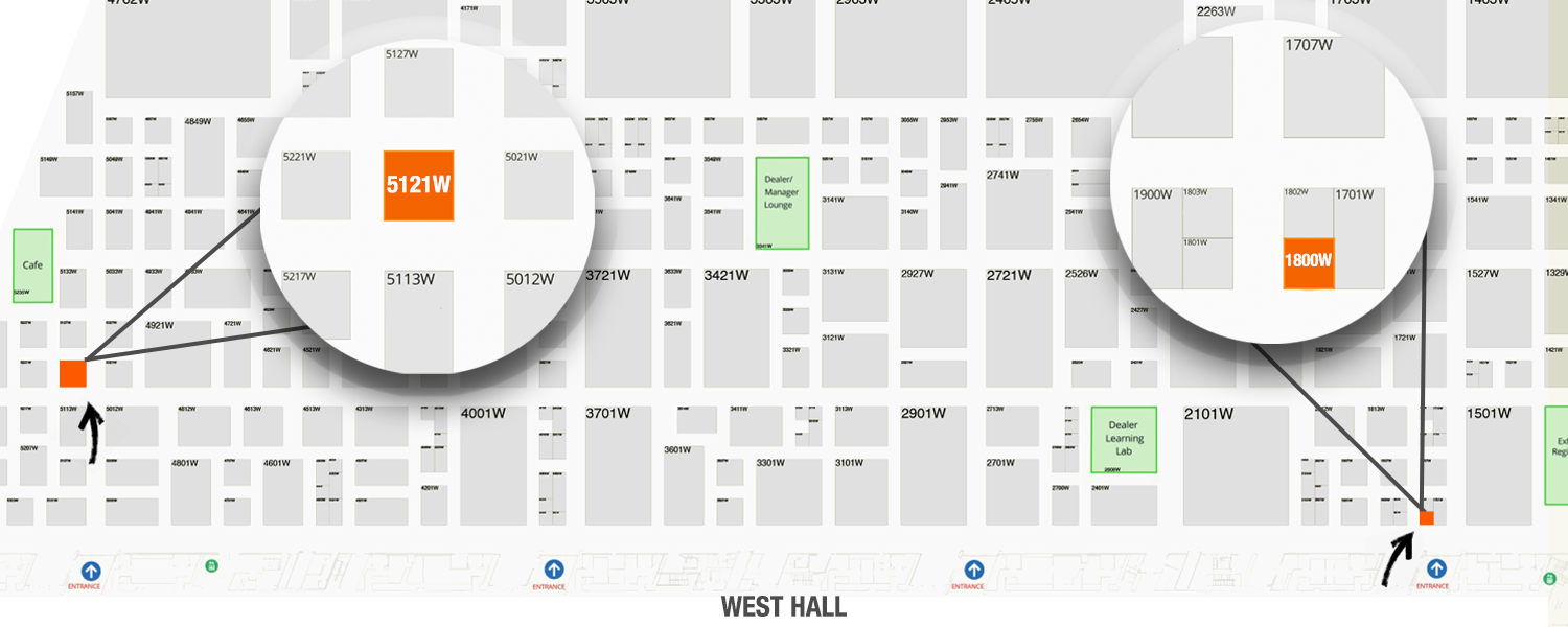 Convention center floor map highlighting and magnifying two booth locations.